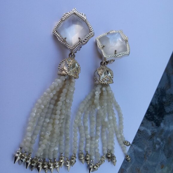 Kendra Scott Mother of Pearl Misha Stud Tassel Earrings Ivory White - Picture 1 of 6